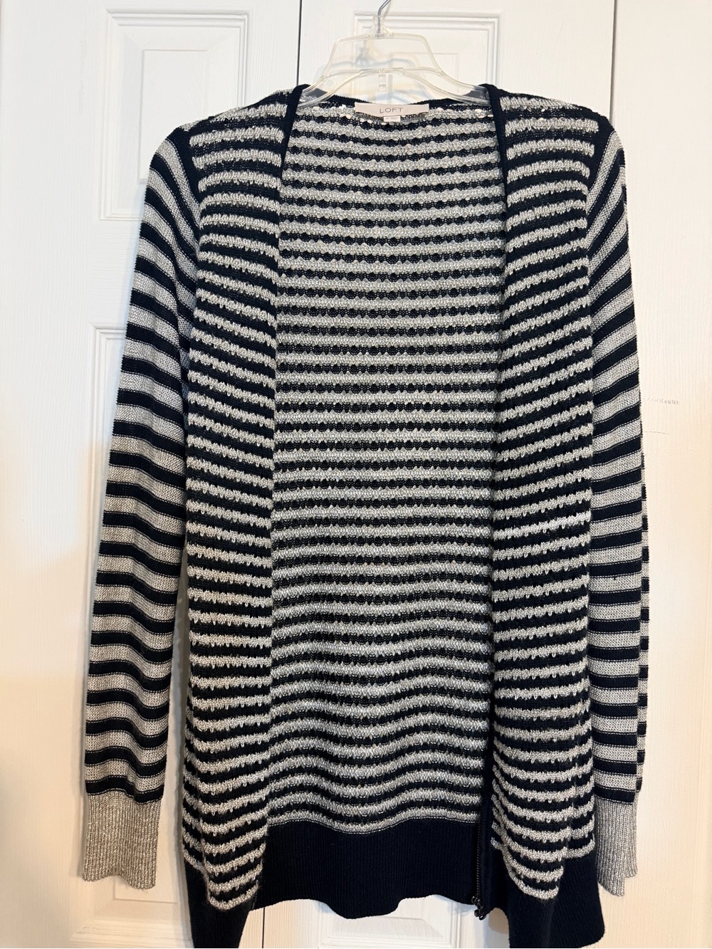 LOFT Black Silver Metallic Striped Open-Front Cardigan Sweater Size M